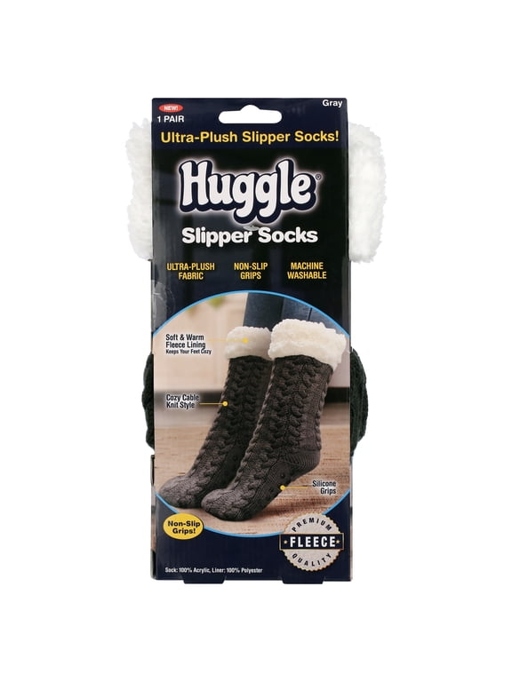 Slipper Socks, Ultra Plush Cable-Knit Non Slip Socks, Fleece Lined, One Size Unisex, Gray
