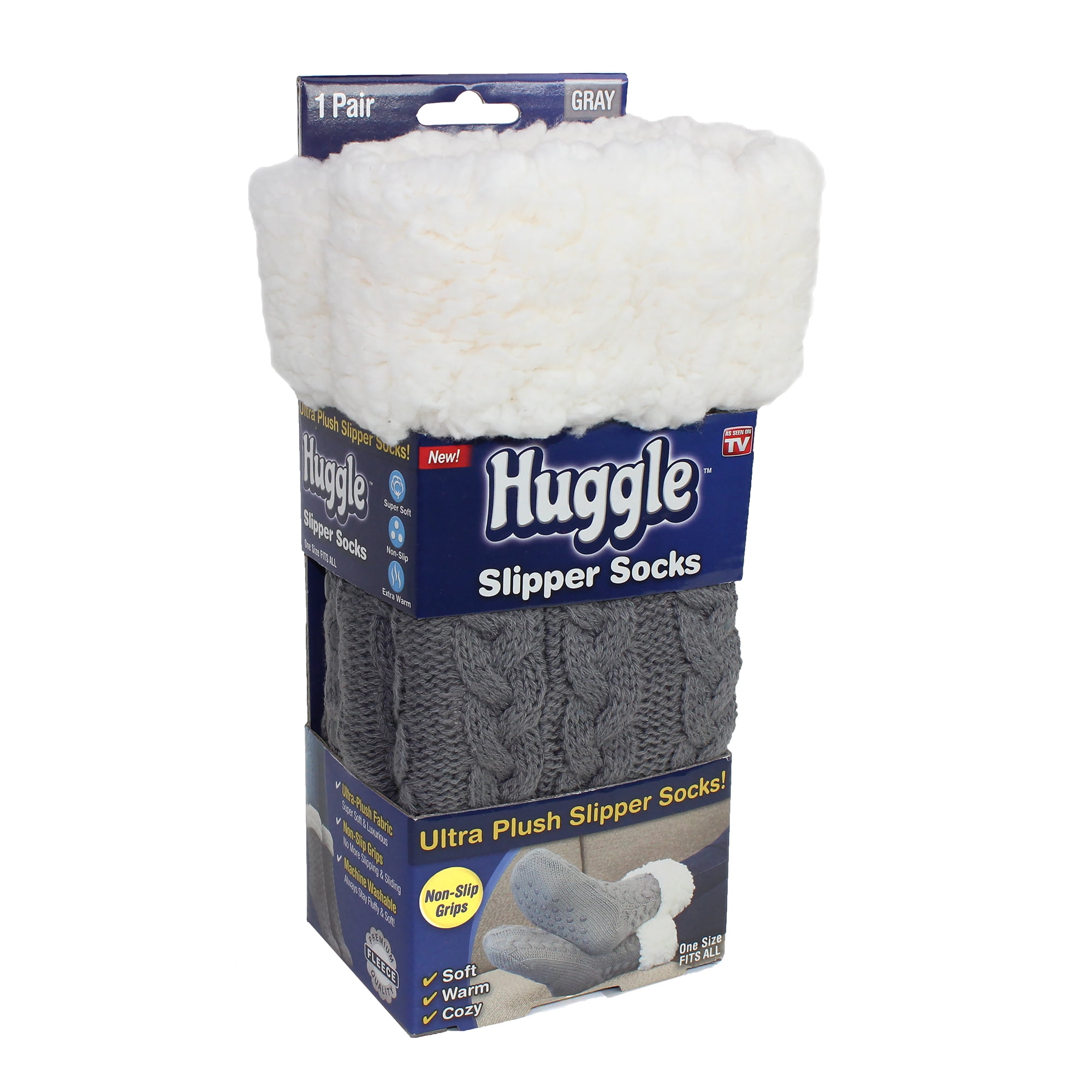 Huggle Socks, Fleece Slipper Crew Socks with Non-Slip Grips, One Size  Unisex, Gray 