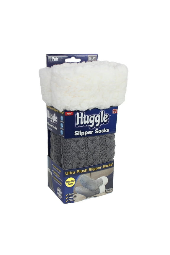 Huggle Socks, Fleece Slipper Crew Socks with Non-Slip Grips, One Size Unisex, Gray