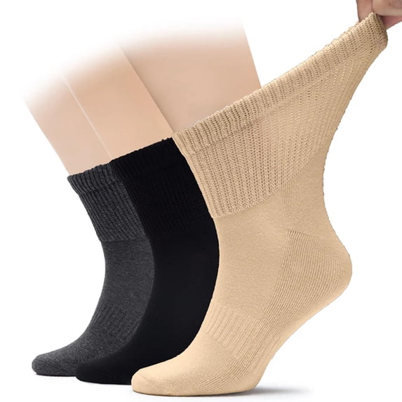 Hugh Ugoli 3 Pairs, Men's Cotton Diabetic Ankle Socks, Wide, Loose and Stretchy, Seamless Toe, Non Binding Top, Semi Cushion, MediumBeige/Black/Dark Grey, Shoe Size: 11-13
