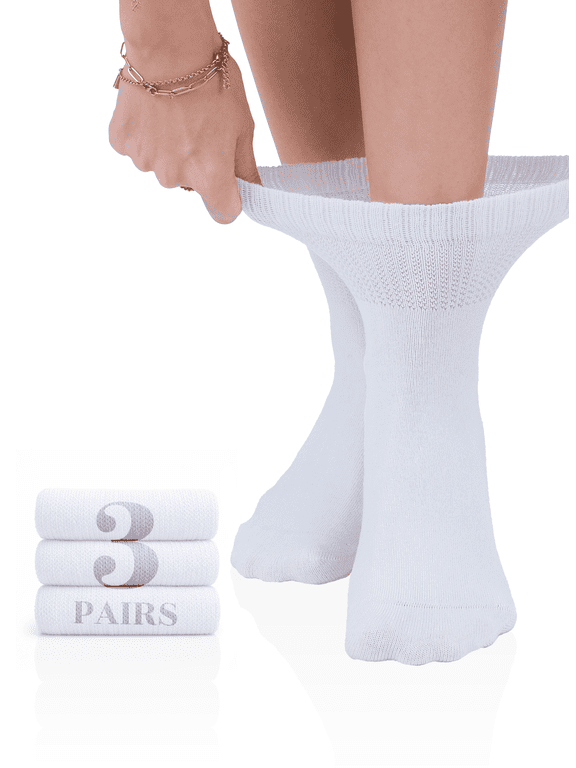 Bamboo Ankle Loose Fit Diabetic Socks for Women, 3 Pairs, White, Shoe Size: 6-9