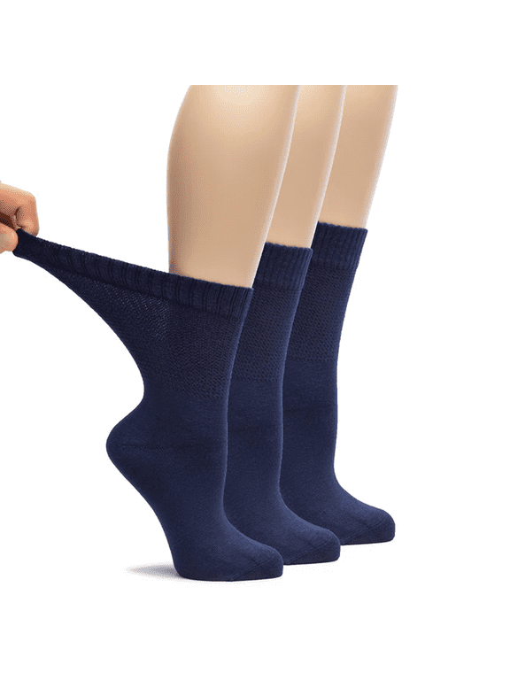 Diabetic Neuropathy Crew Socks, Extra Wide, Soft, Seamless Toe, 3 Pairs, Navy, Size: 10-12