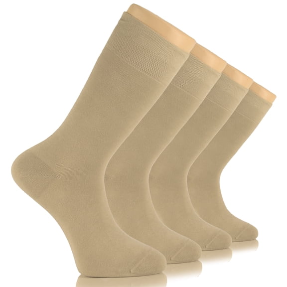 Hugh Ugoli Men's Bamboo Crew Dress Socks, Thin & Seamless, 4 Pairs, Beige, Shoe Size 8-12