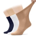 thumbnail image 1 of Hugh Ugoli Men's Cotton Diabetic Ankle Socks, Wide, Loose and Stretchy, Seamless Toe & Non Binding Top, Semi Cushion, 3 Pairs, Navy Blue/White/Beige, Shoe Size: 11-13, 1 of 2
