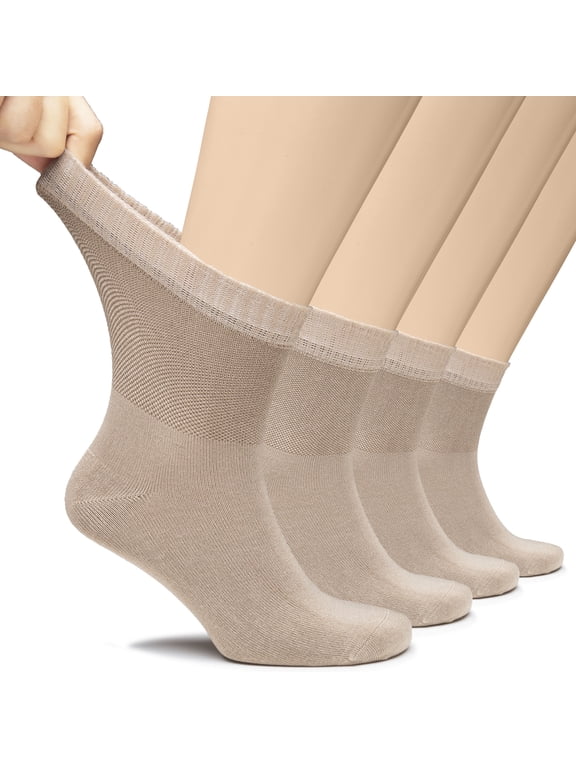 Men's Loose Diabetic Ankle Socks Bamboo, Wide, Thin, Seamless Toe and Non-Binding Top, 4 Pairs, Beige, Shoe Size: 11-13
