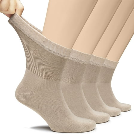 Hugh Ugoli Men's Loose Diabetic Ankle Socks Bamboo, Wide, Thin, Seamless Toe and Non-Binding Top, 4 Pairs, Beige, Shoe Size: 8-11