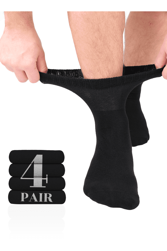 Men's Diabetic Bamboo Ankle Socks, Seamless Toe, Non-Binding, Wide Fit, 4 Pairs, Black, Size 8-11