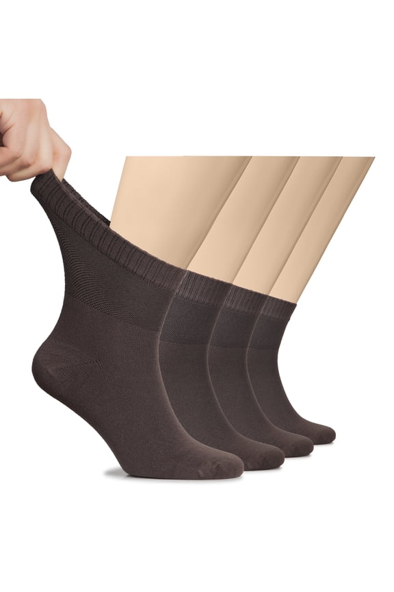 Men's Loose Diabetic Ankle Socks Bamboo, Wide, Thin, Seamless Toe and Non-Binding Top, 4 Pairs, Brown, Shoe Size: 11-13