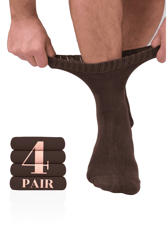 Men's Loose Diabetic Ankle Socks Bamboo, Wide, Thin, Seamless Toe and Non-Binding Top, 4 Pairs, Brown, Shoe Size: 8-11