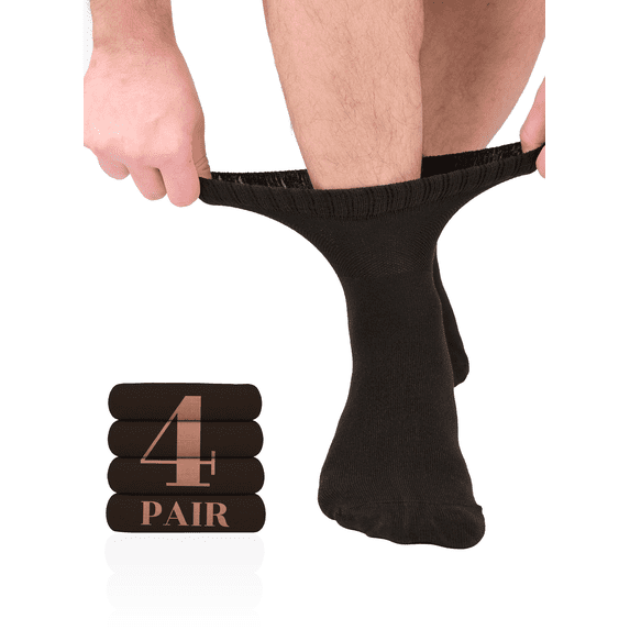 Hugh Ugoli Men's Loose Diabetic Ankle Socks Bamboo, Wide, Thin, Seamless Toe and Non-Binding Top, 4 Pairs, Dark Brown, Shoe Size: 8-11