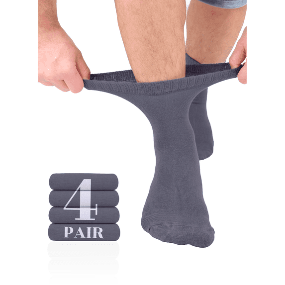 Hugh Ugoli Men's Loose Diabetic Ankle Socks Bamboo, Wide, Thin, Seamless Toe and Non-Binding Top, 4 Pairs, Dark Grey, Shoe Size: 11-13
