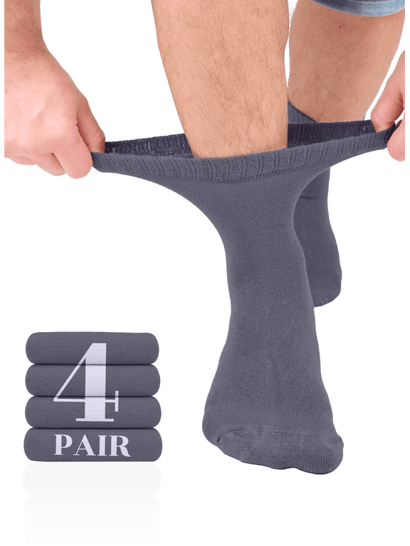 Men's Loose Diabetic Ankle Socks Bamboo, Wide, Thin, Seamless Toe and Non-Binding Top, 4 Pairs, Dark Grey, Shoe Size: 11-13