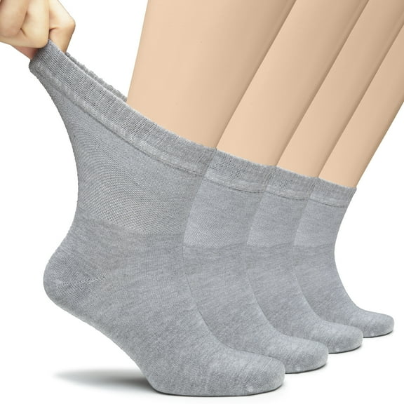 Hugh Ugoli Men's Loose Diabetic Ankle Socks Bamboo, Wide, Thin, Seamless Toe and Non-Binding Top, 4 Pairs, Light Gray, Shoe Size: 11-13