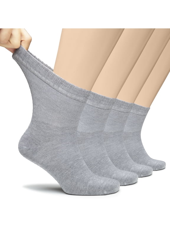 Men's Loose Diabetic Ankle Socks Bamboo, Wide, Thin, Seamless Toe and Non-Binding Top, 4 Pairs, Light Gray, Shoe Size: 8-11