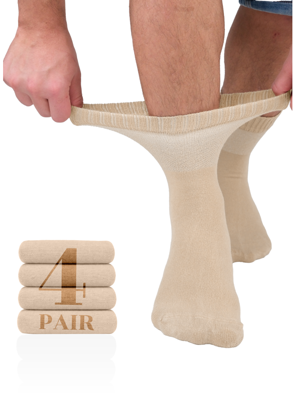 Men's Loose Diabetic Ankle Socks Bamboo, Wide, Thin, Seamless Toe and Non-Binding Top, 4 Pairs, Medium Beige, Shoe Size: 11-13