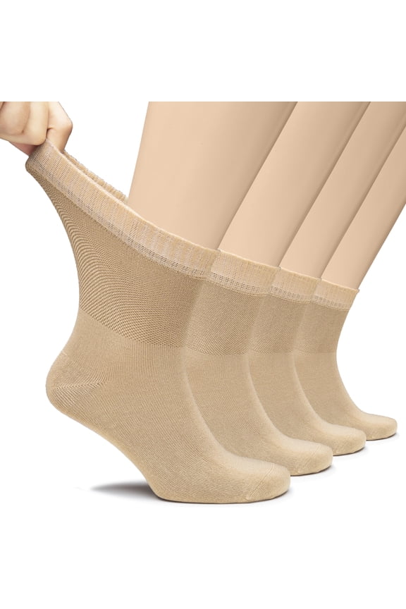 Men's Loose Diabetic Ankle Socks Bamboo, Wide, Thin, Seamless Toe and Non-Binding Top, 4 Pairs, Medium Beige, Shoe Size: 11-13