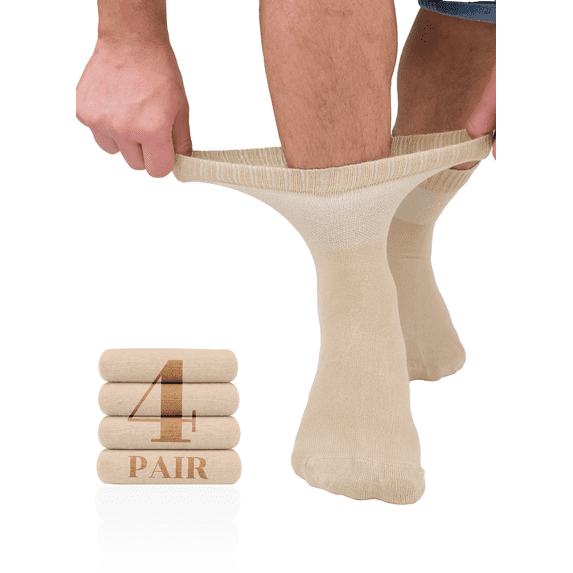 Hugh Ugoli Men's Loose Diabetic Ankle Socks Bamboo, Wide, Thin, Seamless Toe and Non-Binding Top, 4 Pairs, Medium Beige, Shoe Size: 8-11