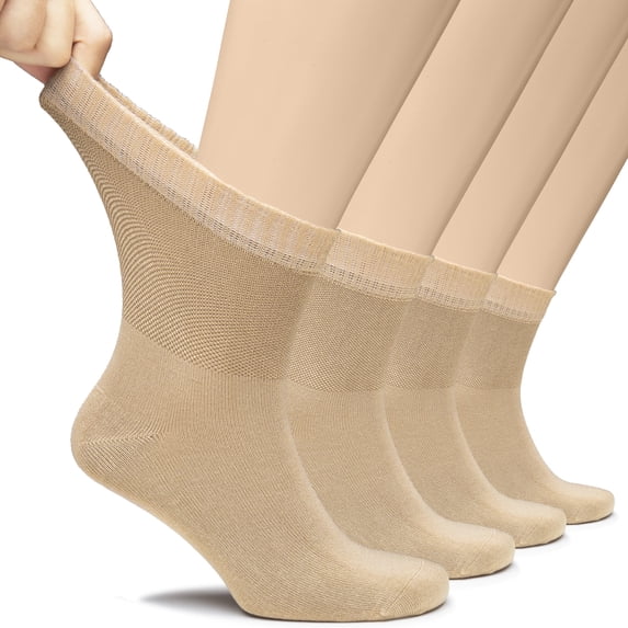 Hugh Ugoli Men's Loose Diabetic Ankle Socks Bamboo, Wide, Thin, Seamless Toe and Non-Binding Top, 4 Pairs, Medium Beige, Shoe Size: 8-11