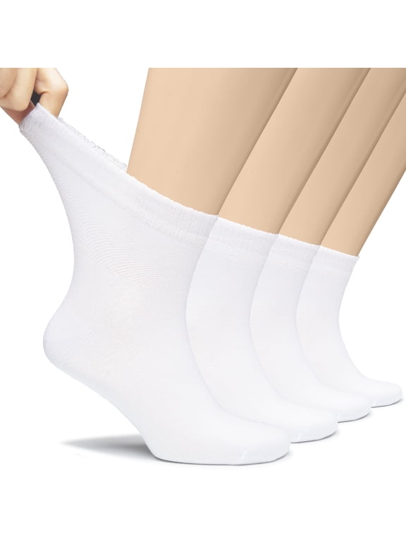 Men's Diabetic Bamboo Ankle Socks, Seamless Toe, Non-Binding Top, 4 Pairs, White, Shoe Size 8-11