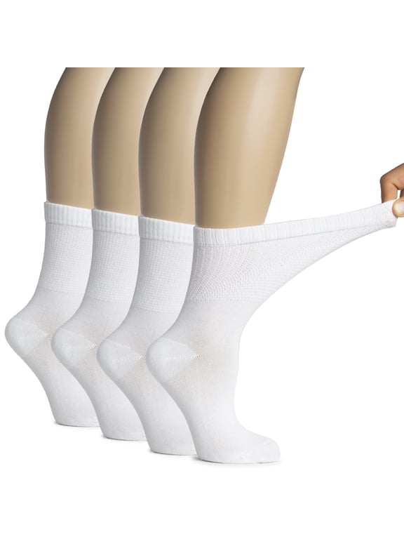 Women's ANKLE SOX, Diabetic Neuropathy Crew Socks, Thin, Soft, Seamless Toe, 4 Pairs, White, Size: 9-12