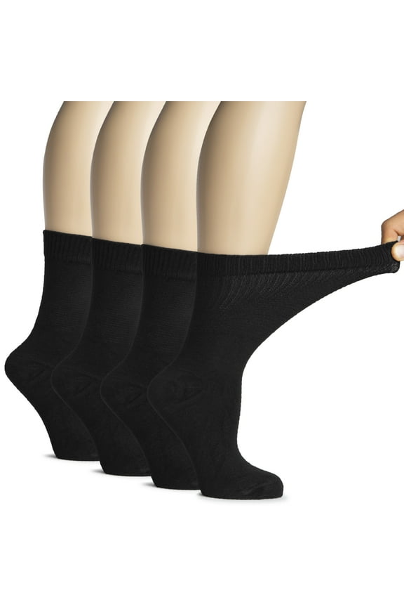 Women's Bamboo Diabetic Ankle Socks, Thin, Loose Fit, Seamless Toe, 4 Pairs, Black, Size: 9-12