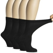Hugh Ugoli Women's Bamboo Diabetic Crew Socks, Thin, Loose Fit, Soft, Wide Stretchy, Seamless Toe, 4 Pairs, Black, Shoe Size: 9-12