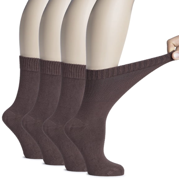 Hugh Ugoli Women's Bamboo Diabetic Crew Socks, Thin, Loose Fit, Soft, Wide Stretchy, Seamless Toe, 4 Pairs, Brown, Shoe Size: 6-9
