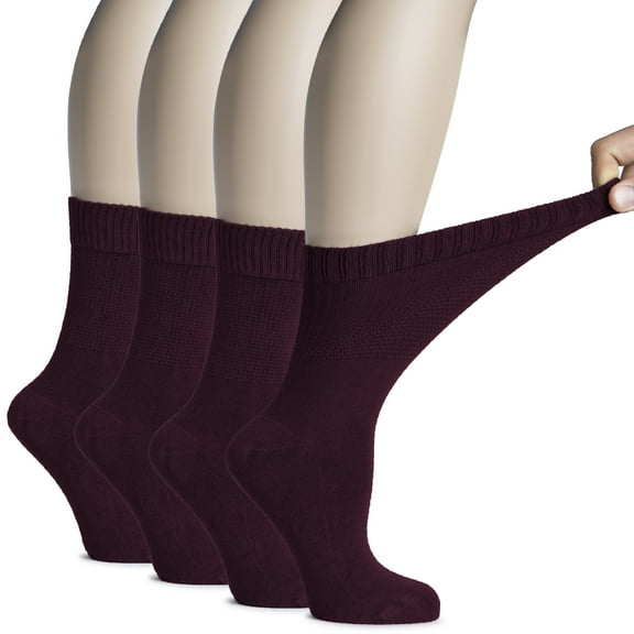 Hugh Ugoli Women's Bamboo Diabetic Crew Socks, Thin, Loose Fit, Soft, Wide Stretchy, Seamless Toe, 4 Pairs, Burgundy, Shoe Size: 9-12