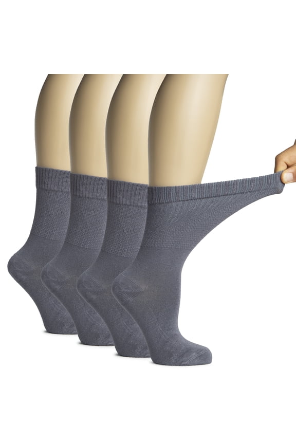 Women's Bamboo Diabetic Crew Socks, Thin, Loose Fit, Soft, Wide Stretchy, Seamless Toe, 4 Pairs, Grey, Shoe Size: 9-12