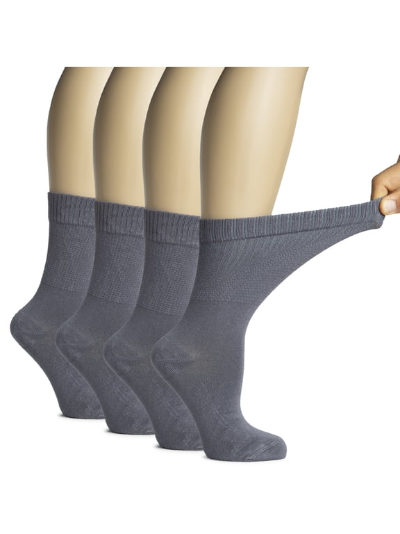 Women's Bamboo Diabetic Crew Socks, Thin, Loose Fit, Soft, Wide Stretchy, Seamless Toe, 4 Pairs, Grey, Shoe Size: 9-12