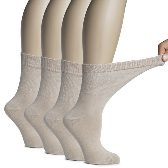 Hugh Ugoli Women's Bamboo Diabetic Crew Socks, Thin, Loose Fit, Soft, Wide Stretchy, Seamless Toe, 4 Pairs, Light Beige, Shoe Size: 9-12