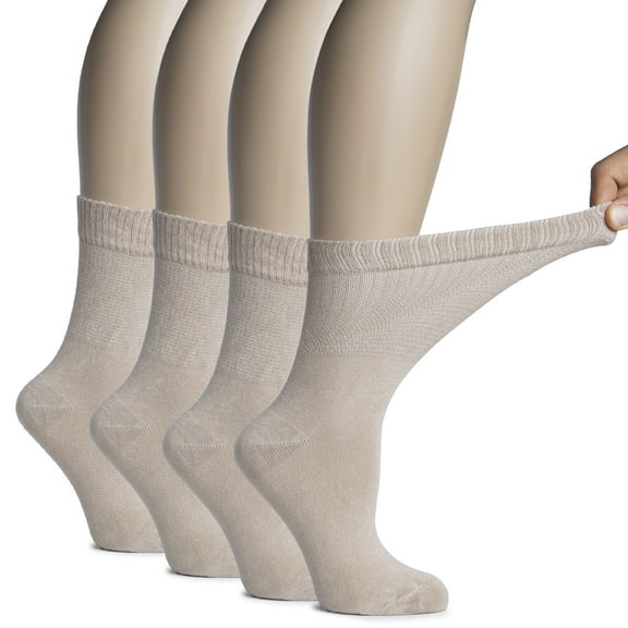 Hugh Ugoli Women's Bamboo Diabetic Crew Socks, Thin, Loose Fit, Soft, Wide Stretchy, Seamless Toe, 4 Pairs, Light Beige, Shoe Size: 9-12