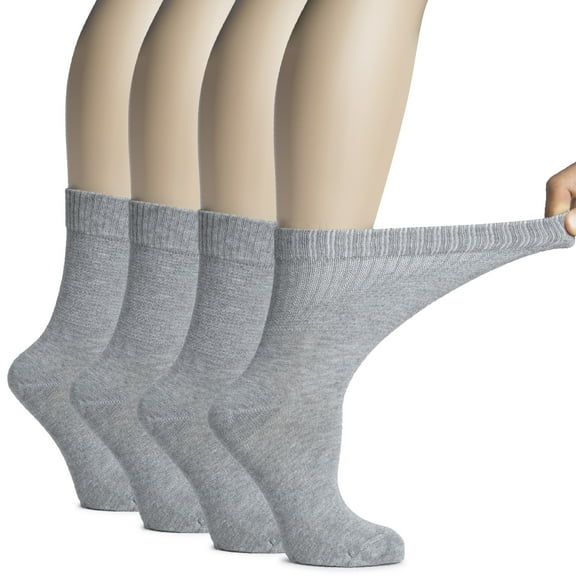 Hugh Ugoli Women's Bamboo Diabetic Crew Socks, Thin, Loose Fit, Soft, Wide Stretchy, Seamless Toe, 4 Pairs, Light Gray New, Shoe Size: 6-9