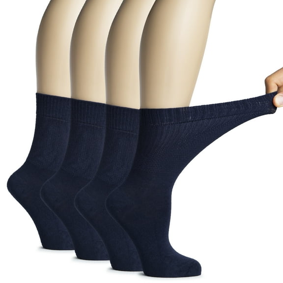 Hugh Ugoli Women's Bamboo Diabetic Crew Socks, Thin, Loose Fit, Soft, Wide Stretchy, Seamless Toe, 4 Pairs, Navy Blue, Shoe Size: 9-12