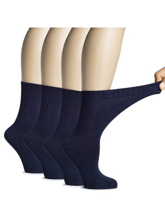 Women's Bamboo Diabetic Crew Socks, Thin, Loose Fit, Soft, Wide Stretchy, Seamless Toe, 4 Pairs, Navy Blue, Shoe Size: 9-12