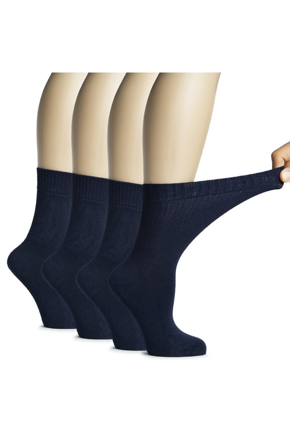 Women's Bamboo Diabetic Crew Socks, Thin, Loose Fit, Soft, Wide Stretchy, Seamless Toe, 4 Pairs, Navy Blue, Shoe Size: 9-12