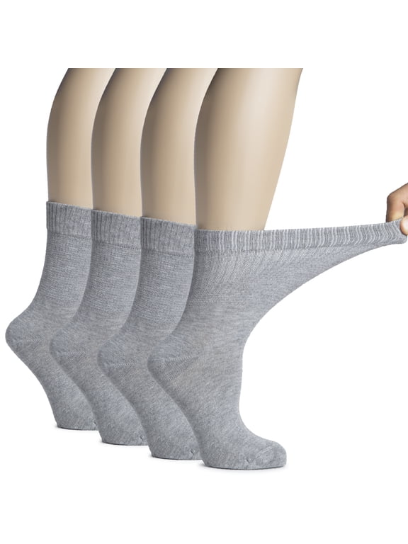 Women's Bamboo Diabetic Crew Socks, Thin, Loose Fit, Soft, Wide Stretchy, Seamless Toe, 4 Pairs, Purplish Gray, Shoe Size: 9-12