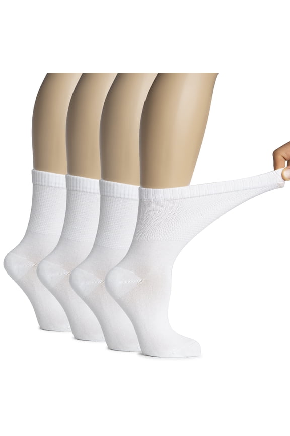 Women's Bamboo Diabetic Crew Socks, Thin Loose-Fit, Seamless Toe, 4 Pairs, White, Shoe Size 6-9