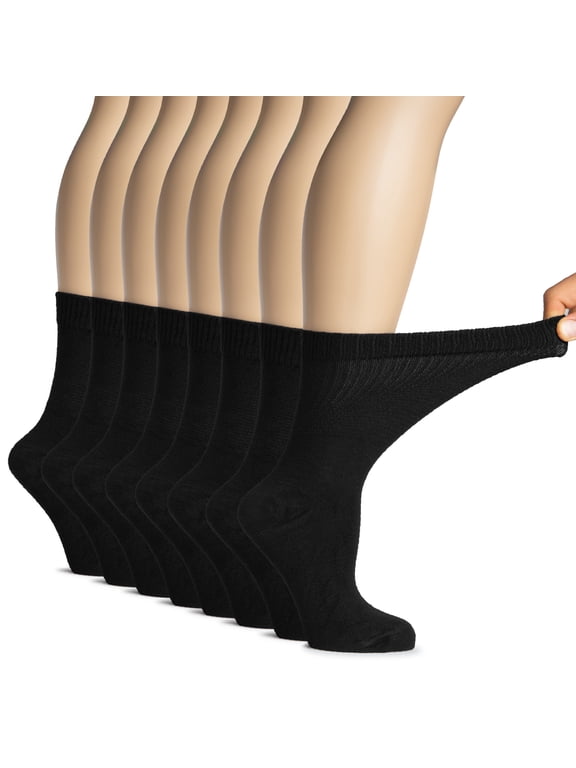 Women's Bamboo Diabetic Crew Socks, Thin, Loose Fit, Soft, Wide Stretchy, Seamless Toe, 8 Pairs, Black, Shoe Size: 9-12