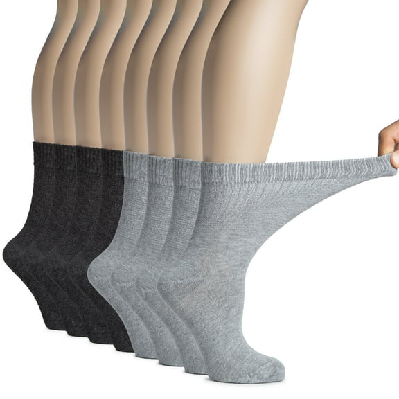 Hugh Ugoli Women's Bamboo Diabetic Crew Socks, Thin, Loose Fit, Soft, Wide Stretchy, Seamless Toe, 8 Pairs, Light Grey/Charcoal, Shoe Size:6-9