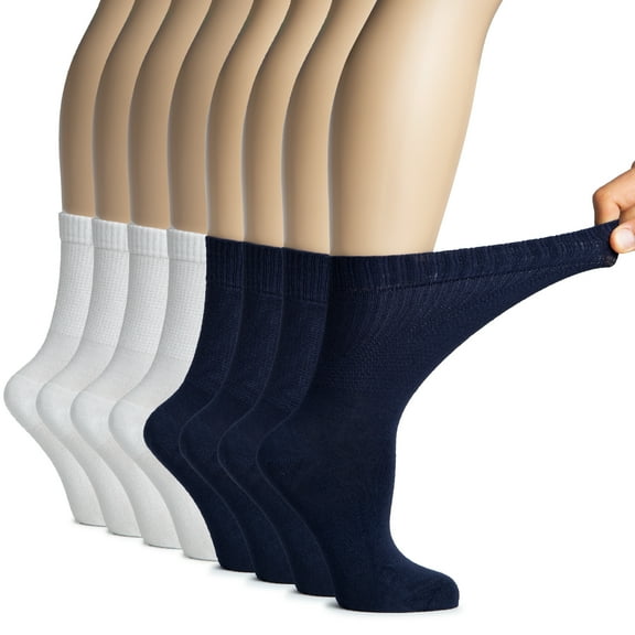 Hugh Ugoli Women's Bamboo Diabetic Crew Socks, Thin, Loose Fit, Soft, Wide Stretchy, Seamless Toe, 8 Pairs, Navy Blue/White, Shoe Size:6-9