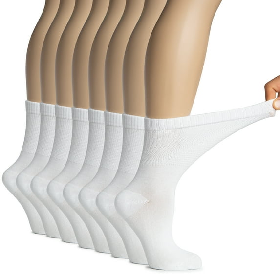 Hugh Ugoli Women's Bamboo Diabetic Crew Socks, Thin, Loose Fit, Soft, Wide Stretchy, Seamless Toe, 8 Pairs, White, Shoe Size: 9-12