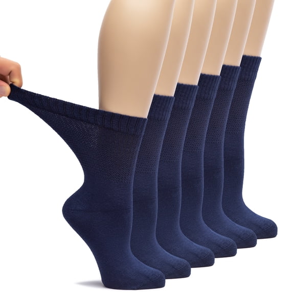 Hugh Ugoli Women's Bamboo Loose Fit Diabetic Crew Socks, 6 Pairs, Navy Blue, Shoe Size: 10-12