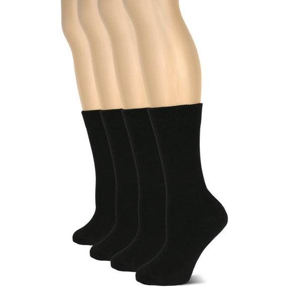 Hugh Ugoli Women's Cotton Crew Socks, Plain Black, Regular Fit, Casual Dress, 4 Pairs, Size: 6-9