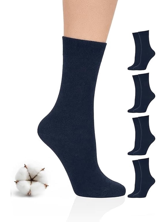 Women's Cotton Crew Socks, Regular Fit, 4 Pairs, Dark Navy Blue, Shoe Size: 6-9
