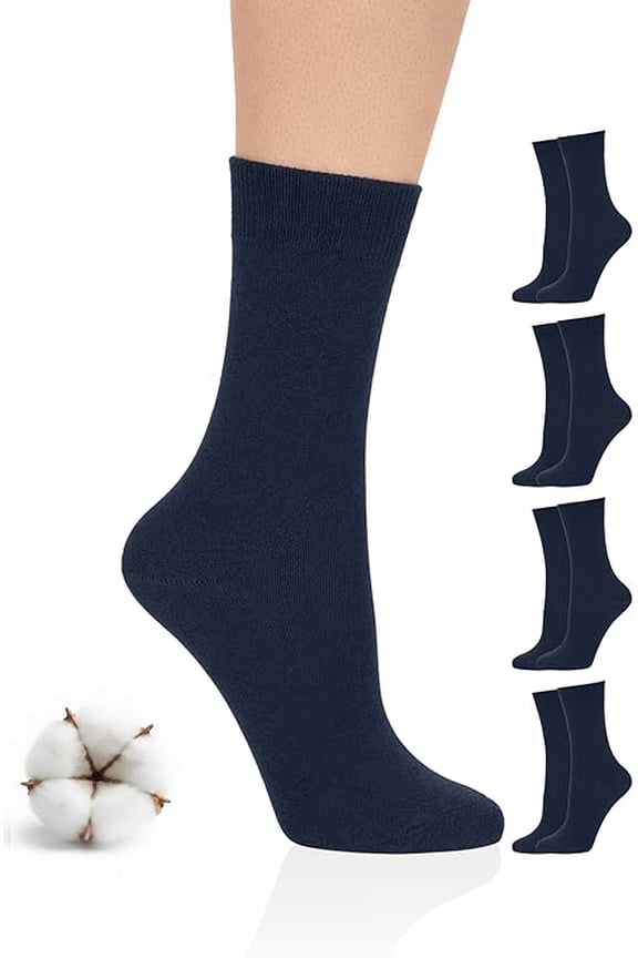 Women's Cotton Crew Socks, Regular Fit, 4 Pairs, Dark Navy Blue, Shoe Size: 6-9