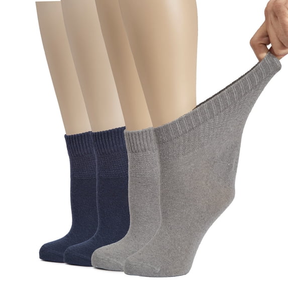 Hugh Ugoli Women's Cotton Diabetic Ankle Socks, 4 Pairs, L.Gray / Navy Blue, Shoe Size: 10-12