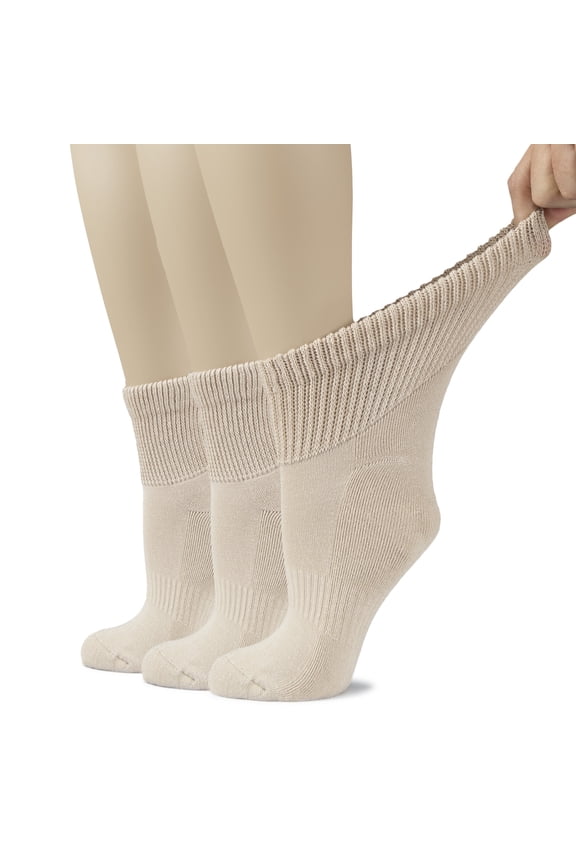 Women's Cotton Diabetic Ankle Socks, Seamless Toe, Non-Binding, Semi-Cushioned, 3 Pairs, Light Beige, Shoe Size: 9-12
