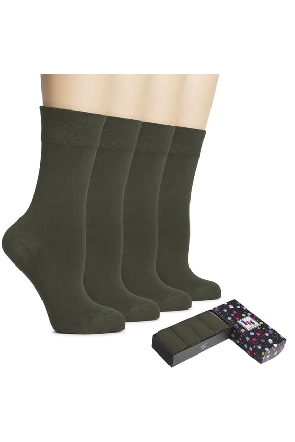 Women's Cotton Dress Socks for Business and Trouser, Thin Crew Socks, Seamless Toe, 4 Pairs with Luxury Gift Box, Army Green, Shoe Size: 5-8