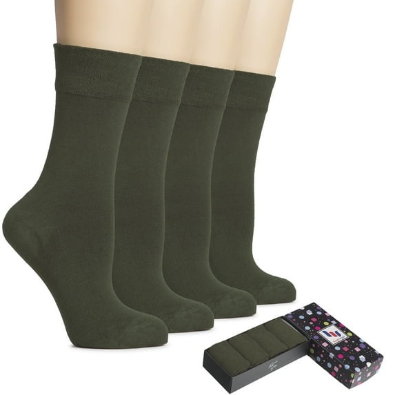 HUGH UGOLI Women's Cotton Dress Socks for Business and Trouser, Thin Crew Socks, Seamless Toe, 4 Pairs with Luxury Gift Box, Army Green, Shoe Size: 5-8